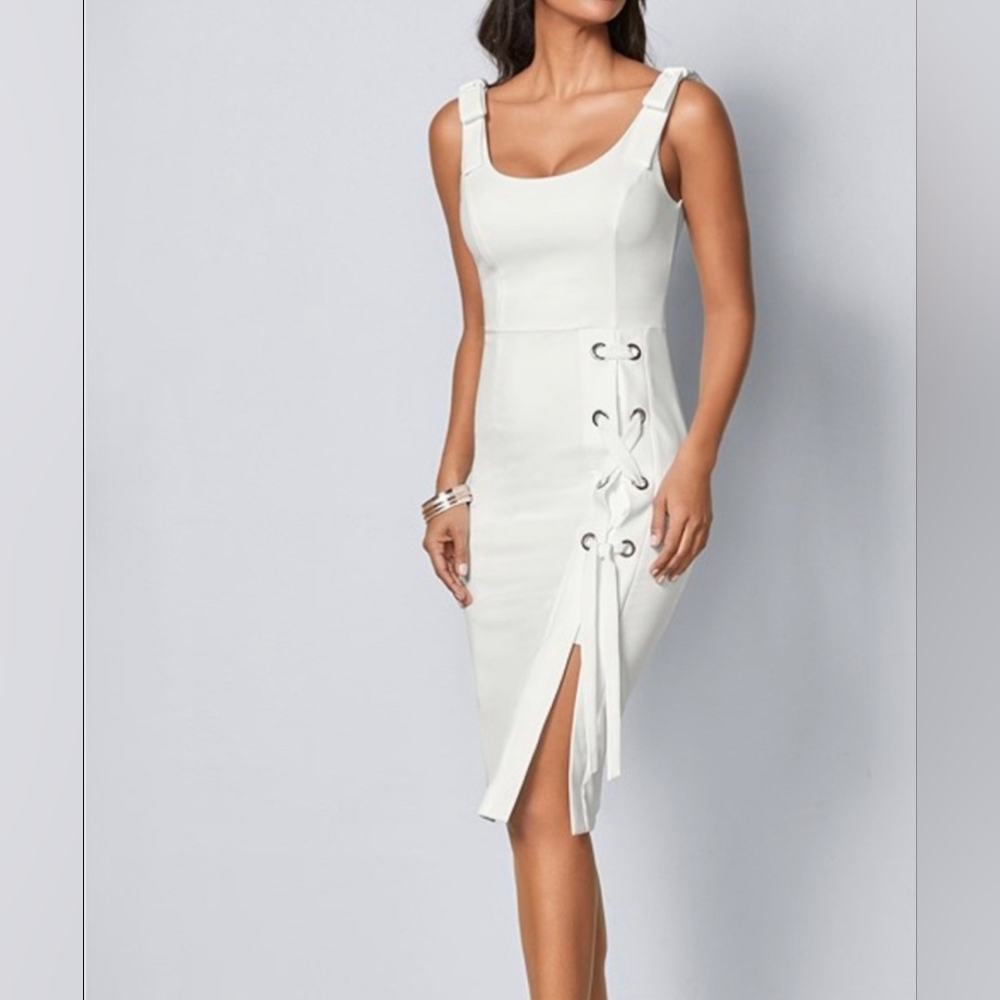 VENUS White Lace-Up Midi Dress